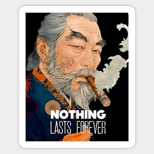 Puff Sumo: Nothing Lasts Forever, "世間は移り変わり" (Seken wa Utsurikawari) on a dark (Knocked Out) background Sticker